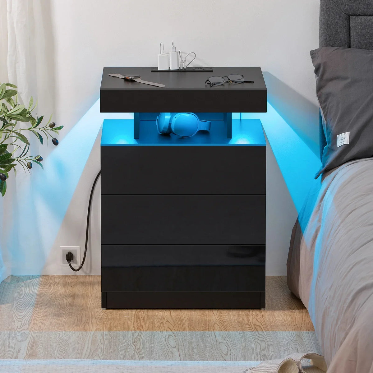 2026 NewHommpa LED Nightstand Wireless Charging Station USB Type C Outlets Bedside Table 3 Drawers Black Night Table Modern Smart Nightstand High Gloss End Side Table for Bedroom Furniture 26.8" Tall
