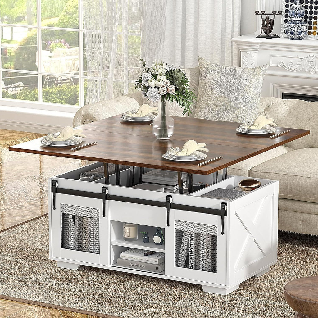 2026 VOWNER Mesa de Centro Elevable, Mesa Extensible, Multifuncional 3 en 1 con Almacenamiento Oculto - Comedor, Convertible, Estilo Granja, Nogal