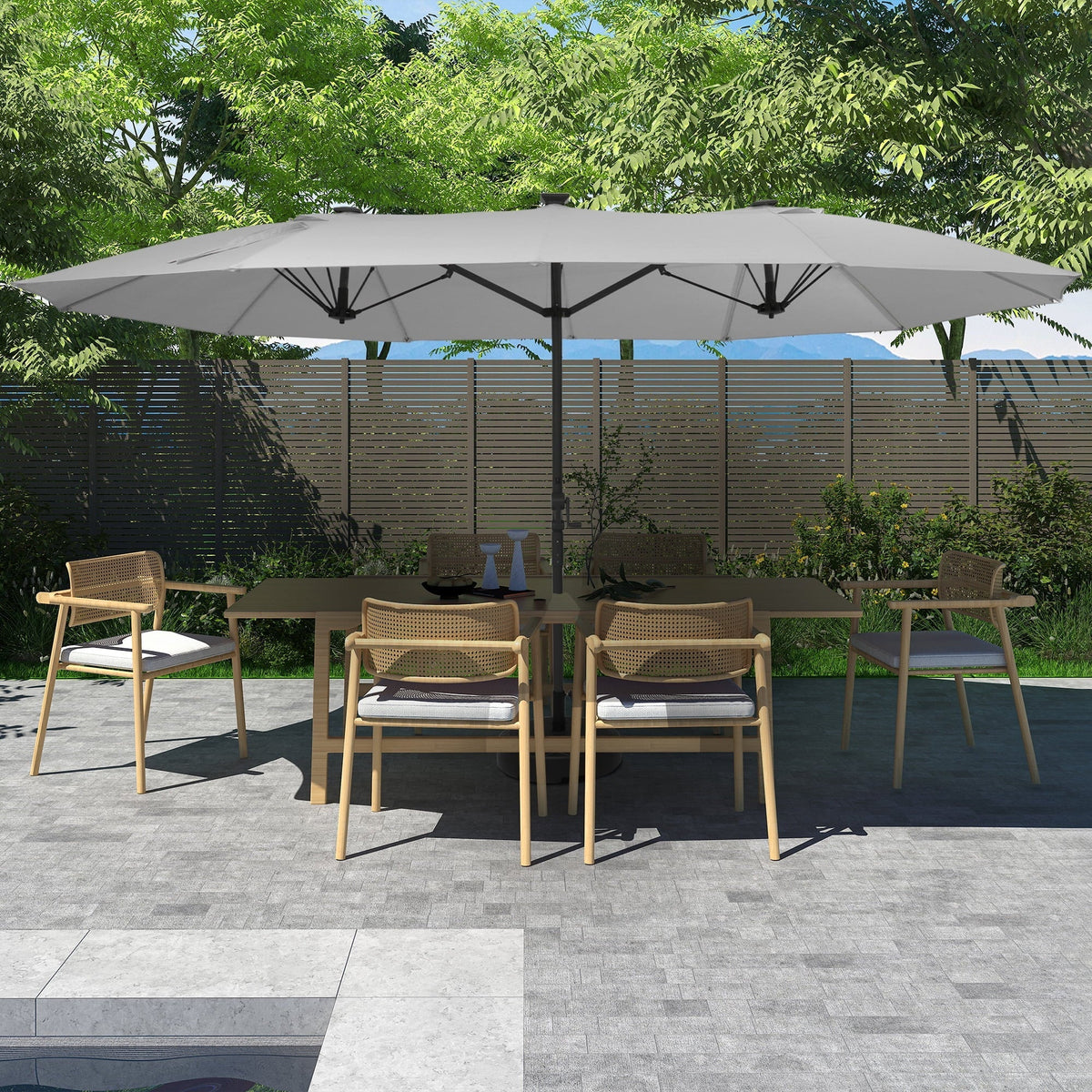 2026 NewMondawe 15ft Patio Umbrella, Large Double-Sided Solar LED Outdoor Umbrella with Fiberglass Ribs and Base for Deck Pool, Navy Blue