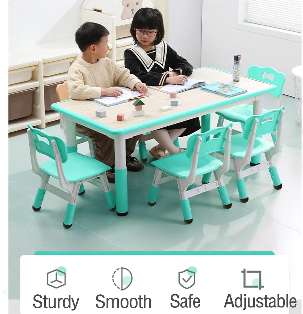 2026 NewTROPOW Kids Table and Chairs,Height Adjustable Toddler Table and 6 Chair,Multi-Activity Table with Graffiti Desktop Non-Slip Legs for Ages 2-10,Children Activity Table for Daycare,Classroom,Blue