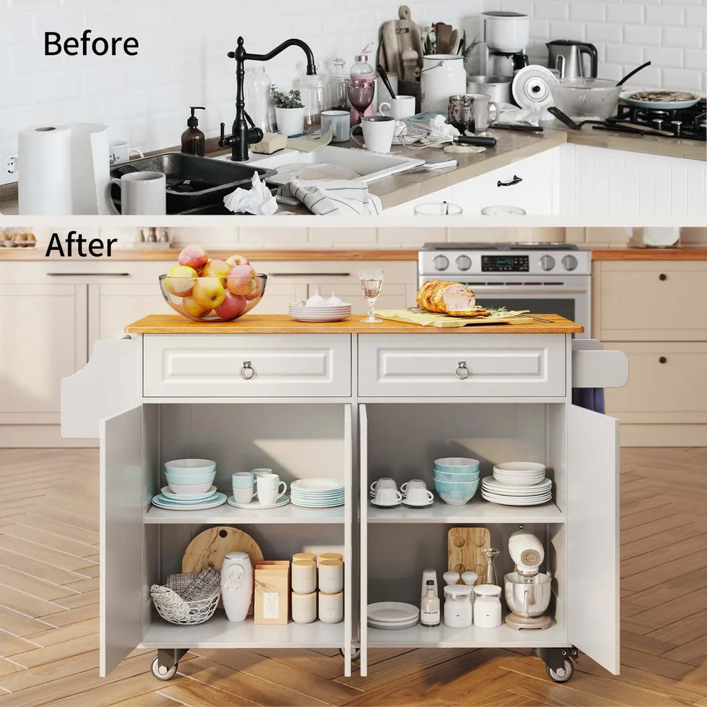 2026 NewLofka 52-Inch Kitchen Island with Storage on Wheels with Wood Drop Leaf, Ideal for Small Kitchens