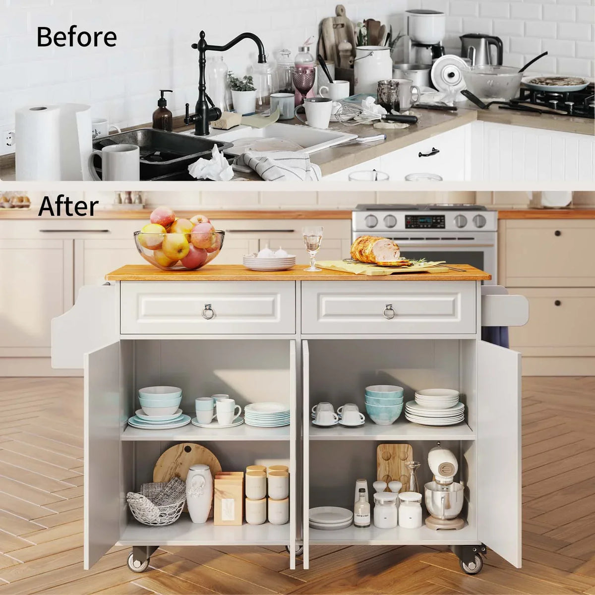 2026 NewLofka 52-Inch Kitchen Island with Storage on Wheels with Wood Drop Leaf, Ideal for Small Kitchens