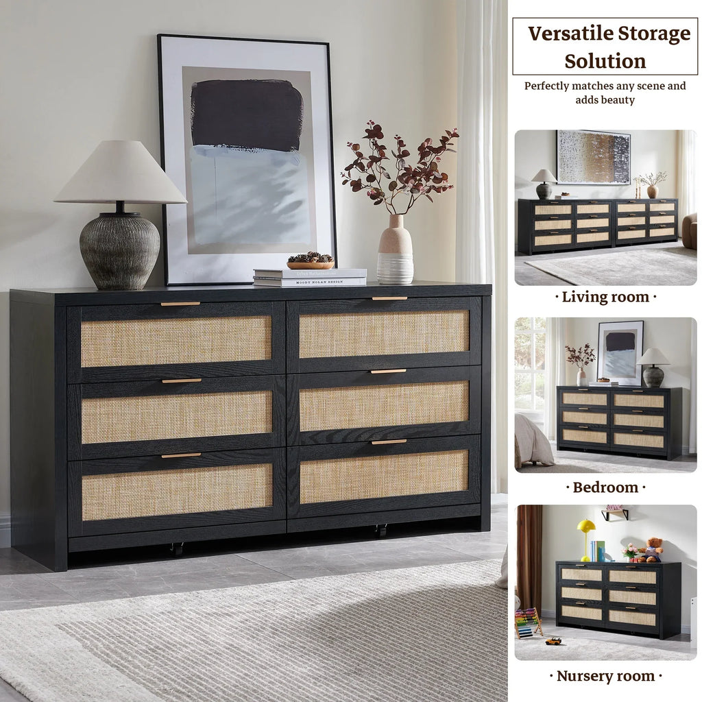 2026 NewSICOTAS 56.85" 6 Drawer Dresser,Rattan Dresser with Storage,Boho Dressers & Chests of Drawers Wooden Tall Dresser for Bedroom