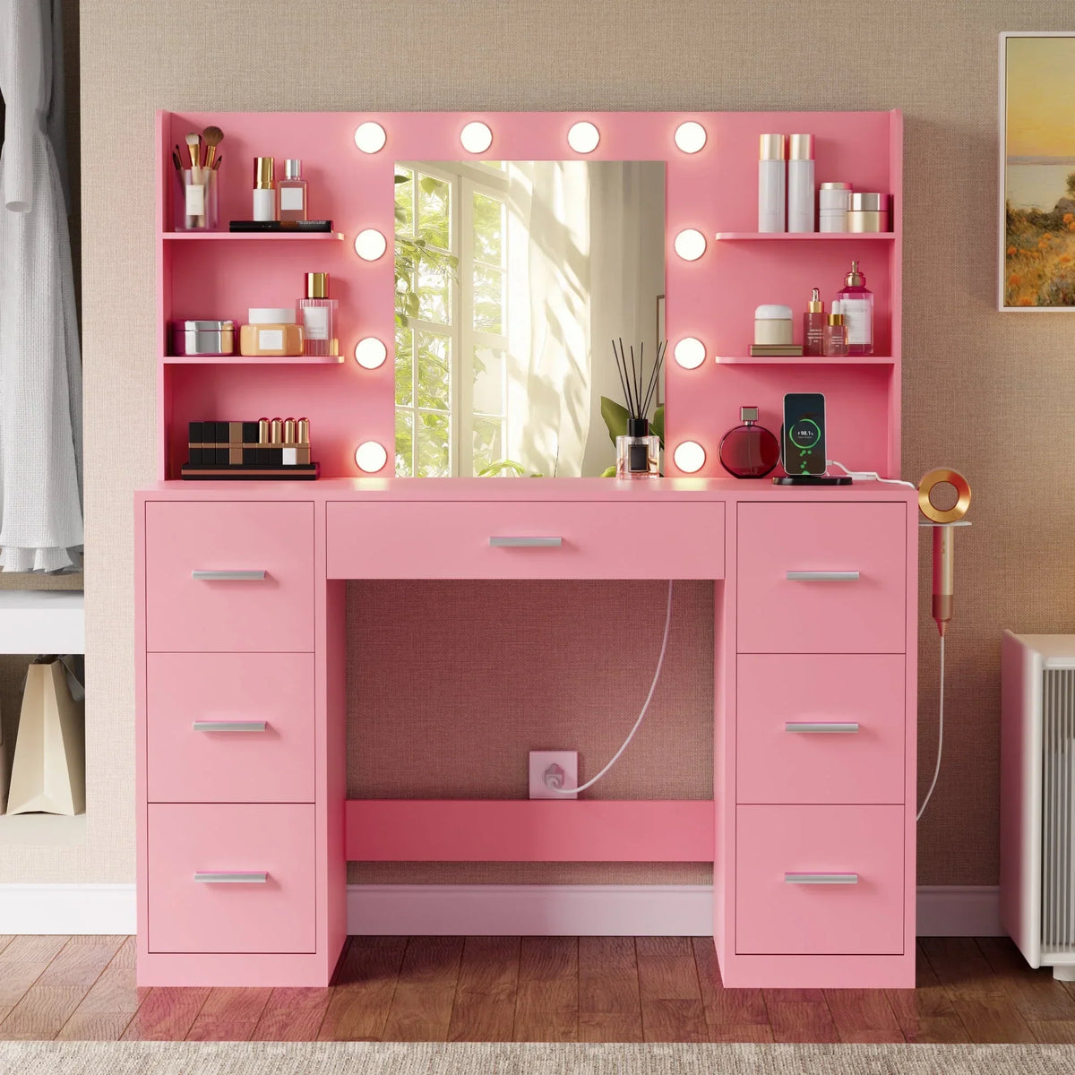 2026 NewLacoo Vanity Desk with Mirror and LED Lights, Makeup Vanity with 7 Drawers & 4 Shelves, Vanity Table with Power Outlet for Bedroom Dressing Room, White