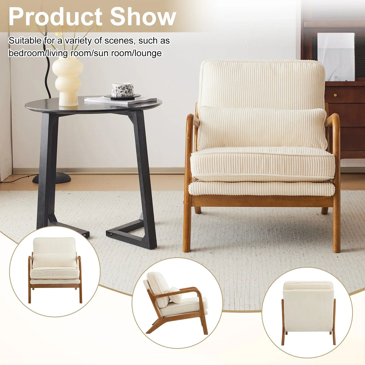 2026 NewKtaxon Accent Chair Corduroy Upholstered Armchair, Reading Club Chair with Pillow and Solid Wood Frame for Living Room Bedroom Furniture Off White
