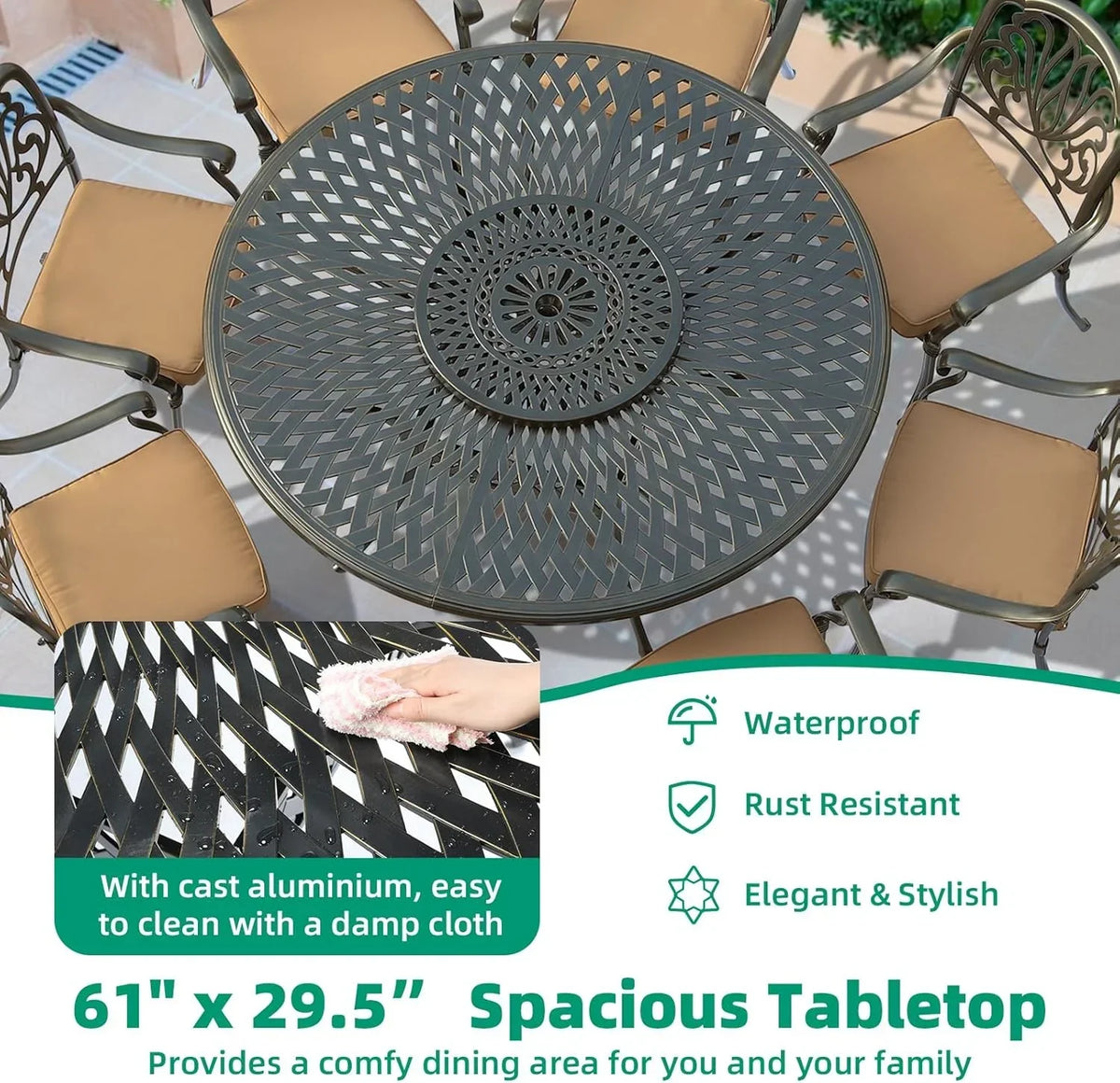 2026 NewVIVIJASON Outdoor 61" Patio Dining Table for 6-8 Person, Large Patio Round Dining Table with 24" Lazy Susan, Dark Bronze Cast Aluminum Rustic Patio Table W/Umbrella Hole for Balcony, Porch and Deck