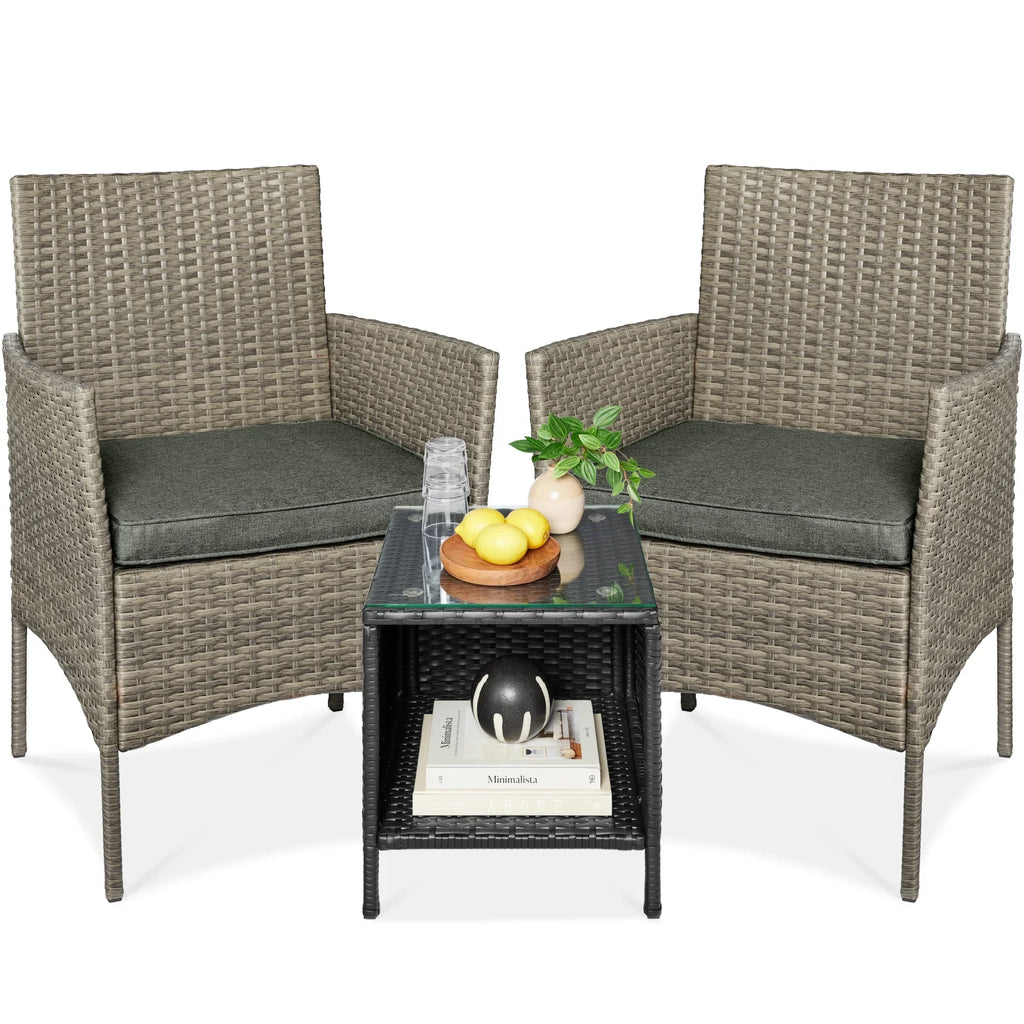 2026 NewBest Choice Products 3-Piece Outdoor Wicker Conversation Patio Bistro Set, w/ 2 Chairs, Table - Gray/Navy