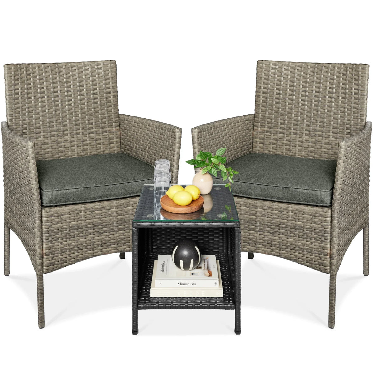 2026 NewBest Choice Products 3-Piece Outdoor Wicker Conversation Patio Bistro Set, w/ 2 Chairs, Table - Gray/Navy