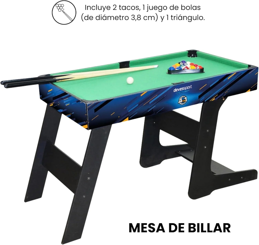 2026 DEVESSPORT Multijuego plegable 4 en 1 Sport Arena | Futbolín, billar, hockey de aire y tenis de mesa | Accesorios incluidos