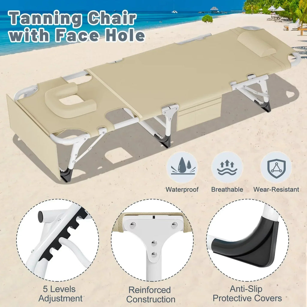 2026 NewMOPHOTO Lounge Chair with Mattress, Outdoor Chaise Lounge Support 440 Lbs, Adjustable Portable Heavy Duty Sleeping Cots Bed for Camping, Pool, Beach, Patio