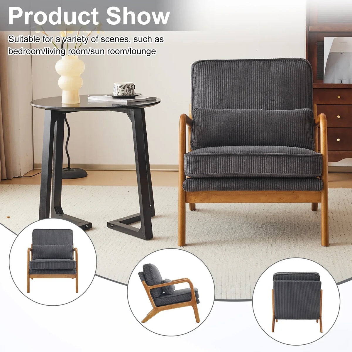 2026 NewKtaxon Accent Chair Corduroy Upholstered Armchair, Reading Club Chair with Pillow and Solid Wood Frame for Living Room Bedroom Furniture Off White