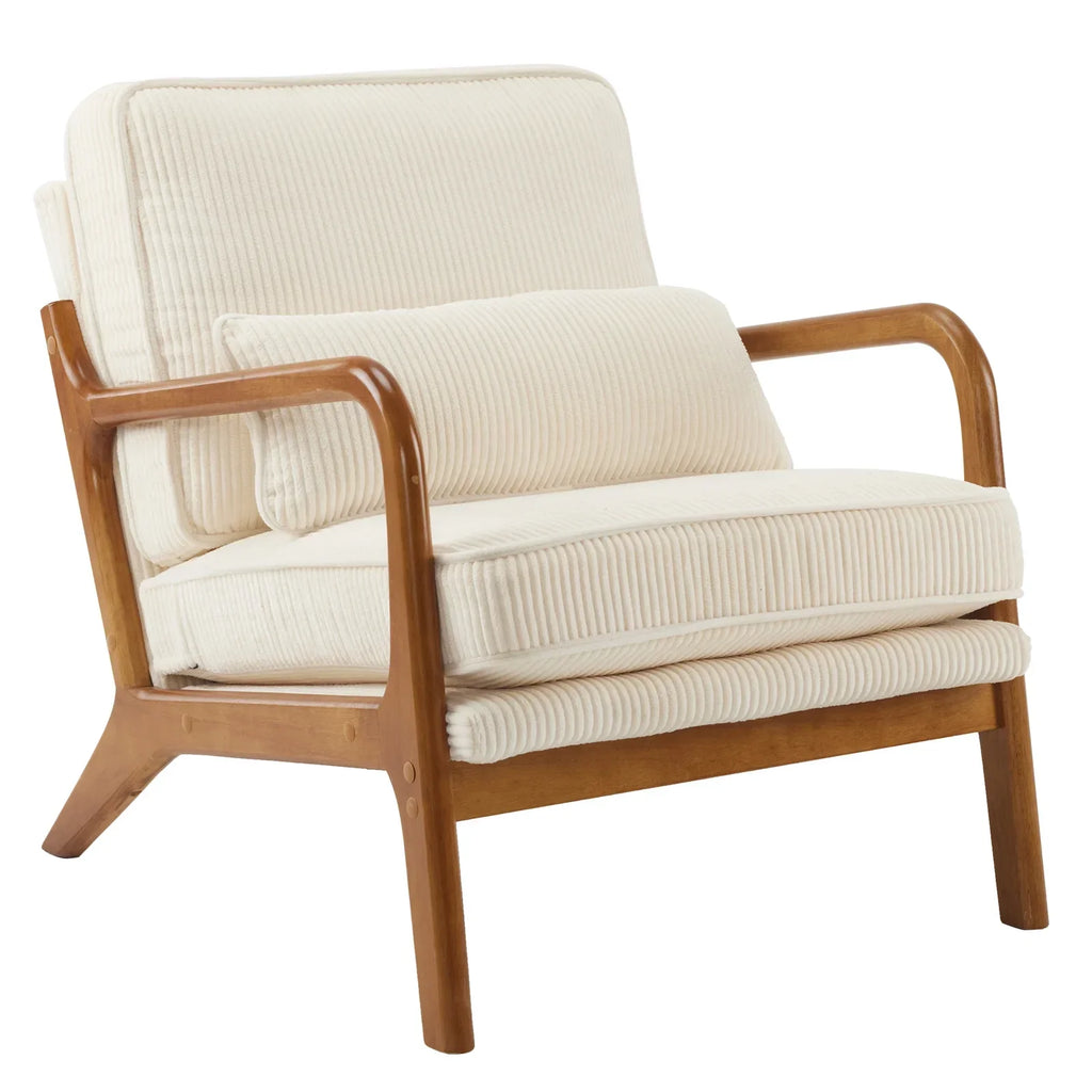 2026 NewKtaxon Accent Chair Corduroy Upholstered Armchair, Reading Club Chair with Pillow and Solid Wood Frame for Living Room Bedroom Furniture Off White