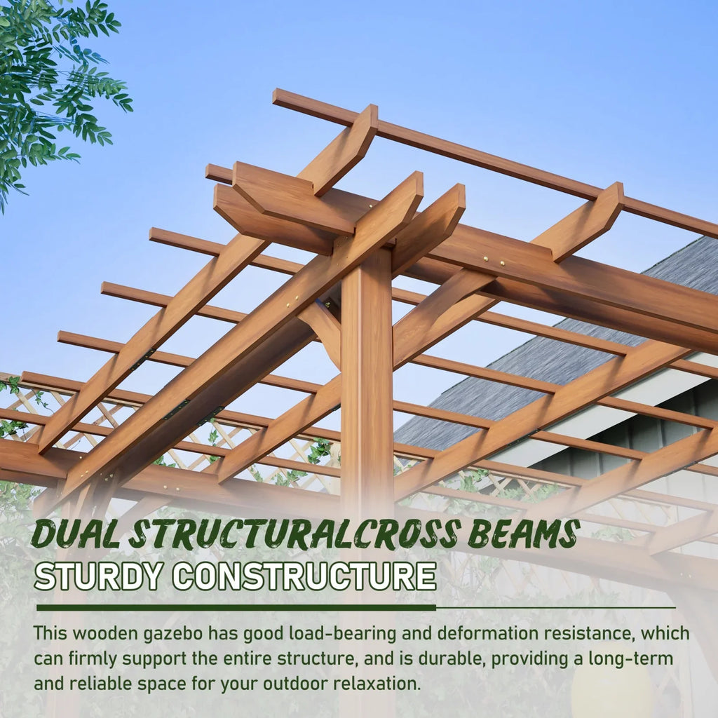 2026 New12 x 10 FT Outdoor Pergola, Wooden Pergola Gazebo with Climbing Plant Support and Waterproof, for Patio Porch Garden Backyard, Brown