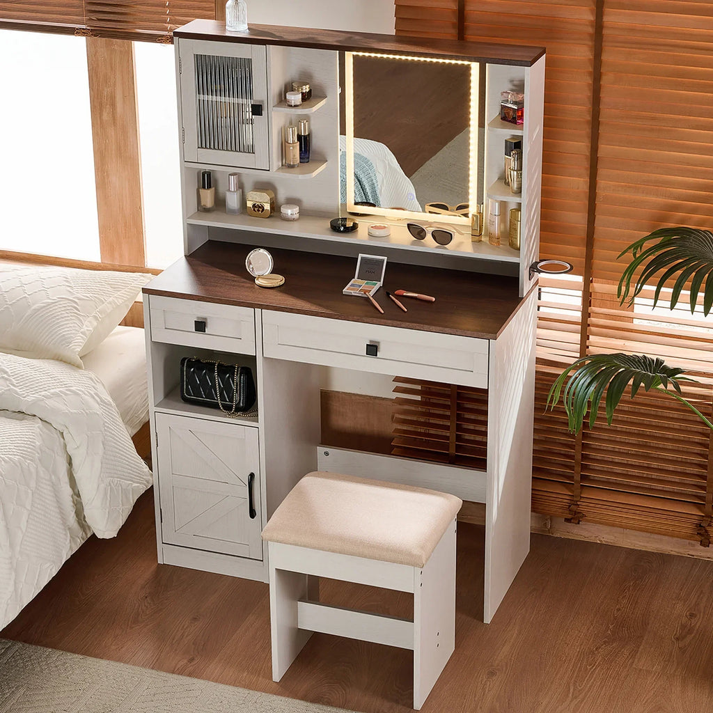 2026 NewFarmhouse Makeup Vanity Desk with Mirror and Lights,Dressing Table Set with Charging Station and Stool,Drawers,Shelves and Side Cabinet,White