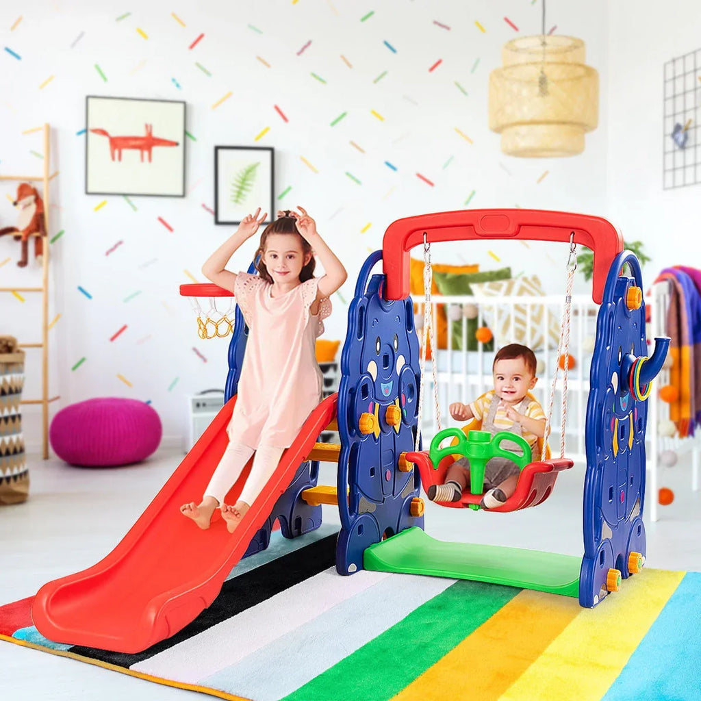 2026 NewCostway 3 in 1 Junior Children Climber Slide Swing Seat Basketball Hoop Playset Backyard