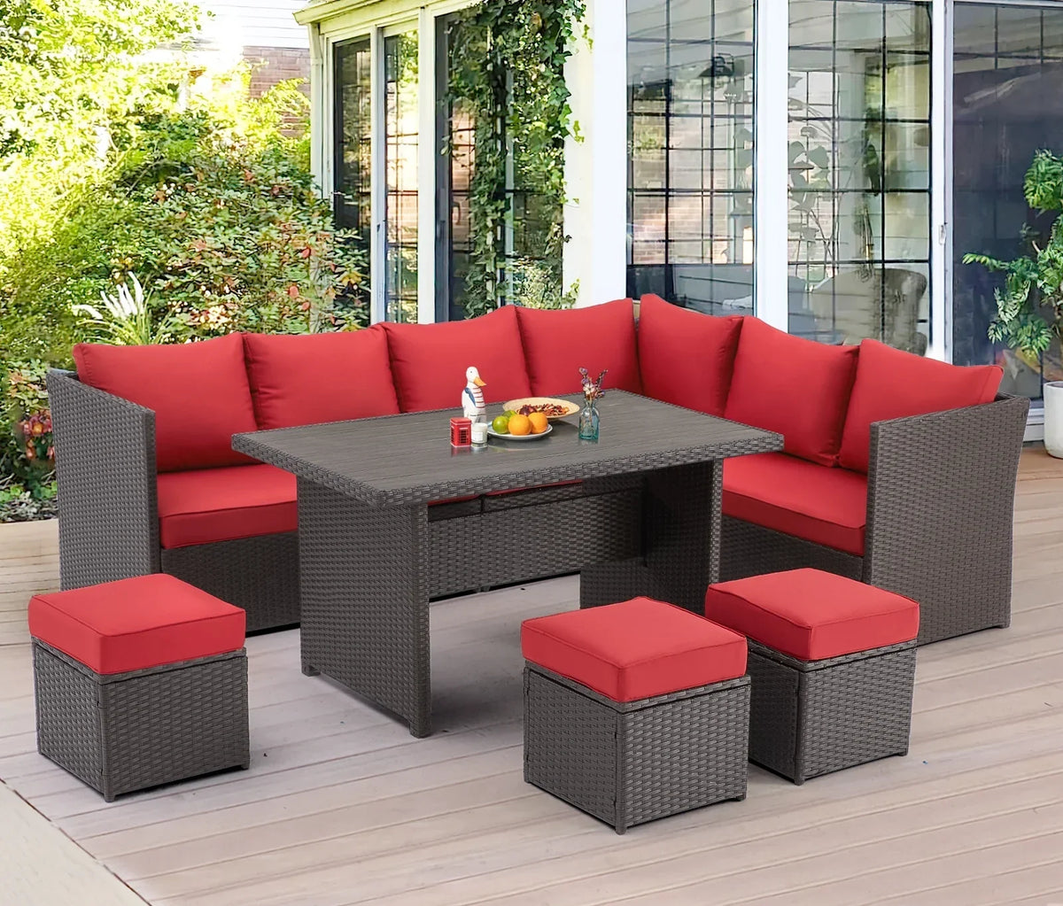 2026 NewAECOJOY 7 Piece Patio Furniture Set PE Rattan Outdoor Dining Set Sectional Sofa Couch with Table Patio Conversation Set in Gray