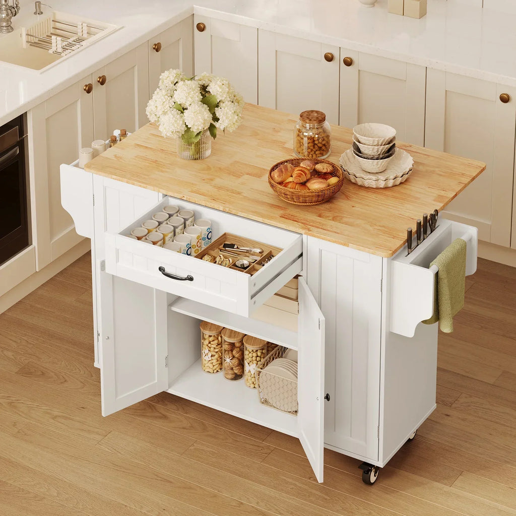 2026 NewNoelse Kitchen Island with Storage, Island Table for Kitchen with Drop Leaf, Spice Rack, Towel Bar for Small Kitchens, White
