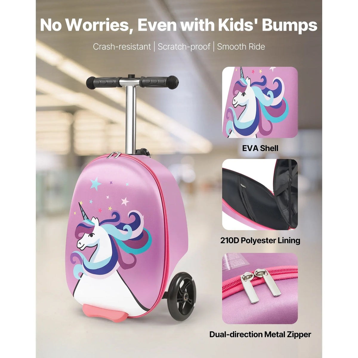 2026 NewKFFKFF Ride-on Kids Luggage, 20L Capacity, 20-Inch Scooter Suitcase with Flashing PU Wheels, Adjustable Handle & Non-Slip Grip, Foldable and Lightweight Travel Companion for Children Aged 5+, Purple
