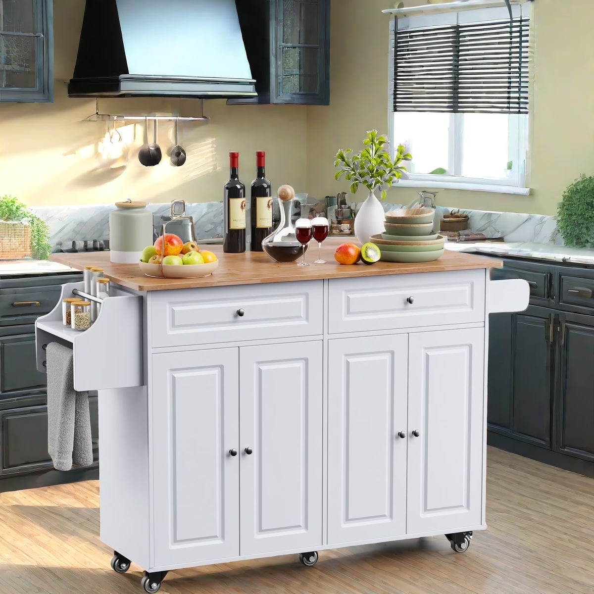 2026 NewLofka 52-Inch Kitchen Island with Storage on Wheels with Wood Drop Leaf, Ideal for Small Kitchens