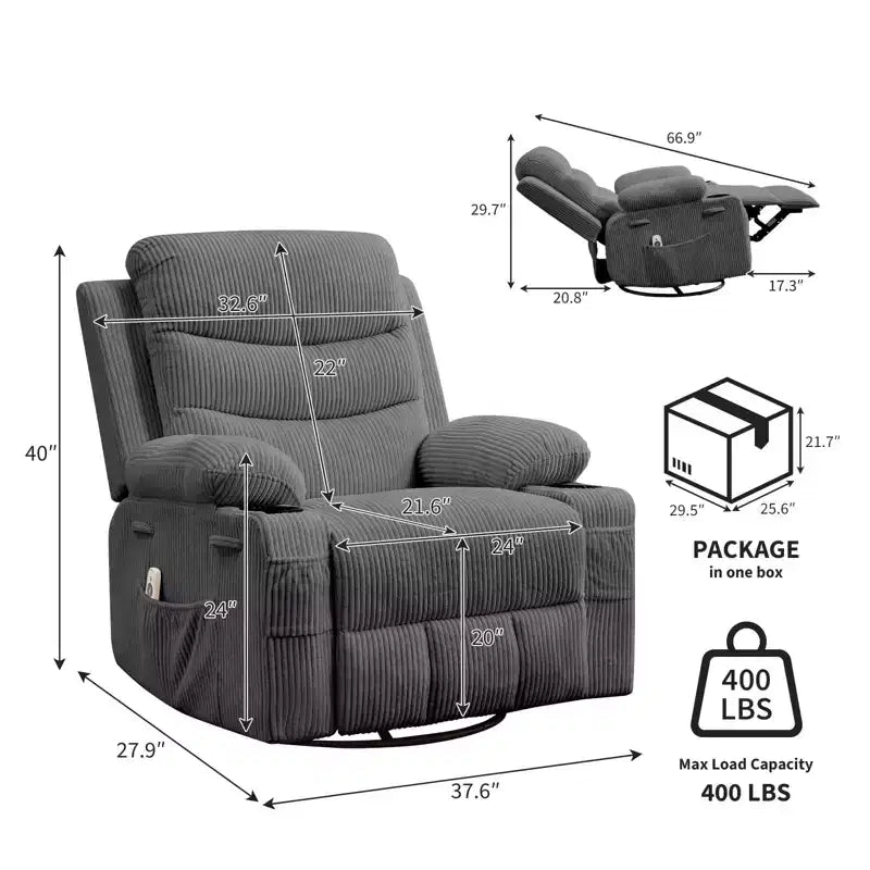 2026 Sillón reclinable mecedora giratorio 360° extragrande con masaje y calor, portavasos y bolsillos
