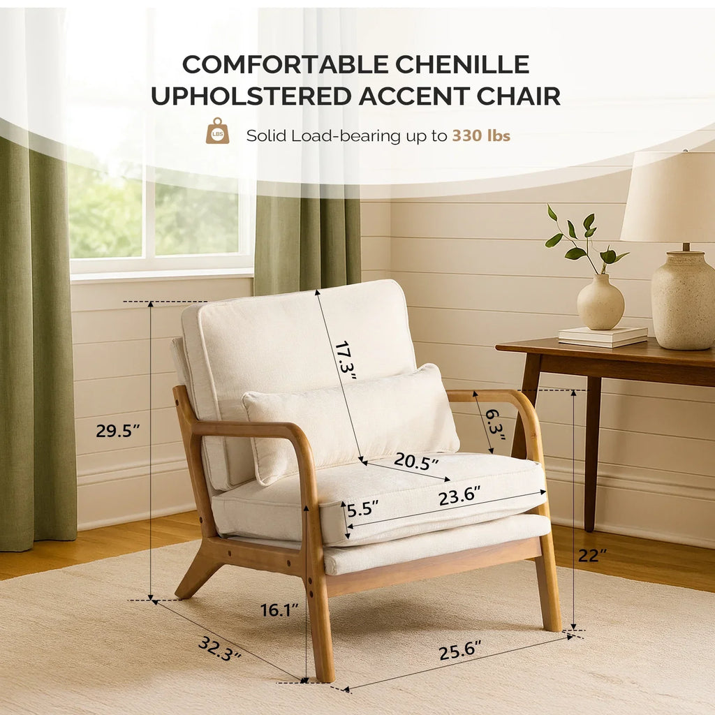 2026 NewKtaxon Accent Chair Corduroy Upholstered Armchair, Reading Club Chair with Pillow and Solid Wood Frame for Living Room Bedroom Furniture Off White