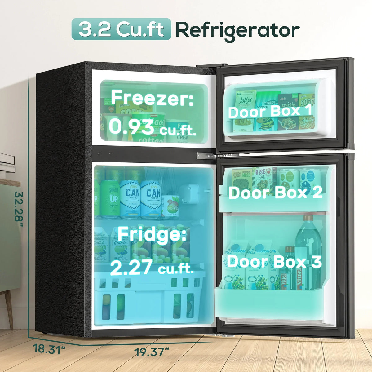 2026 NewAuseo 3.1 Cu.Ft Double Door Mini Fridge with Freezer, Compact Retro Refrigerator for Dorm, Office, Bar, Bedroom, Black