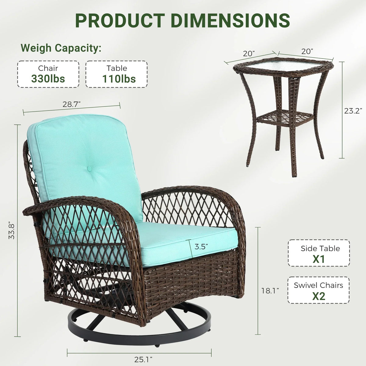 2026 New3 Piece Patio Swivel Rocker Chairs Set, 2 360-Degree Swivel Rocking Chairs with 1 Glass Top Table, PE Rattan Outdoor Bistro Set with Cushions for Balcony Deck Poolside Backyard Porch