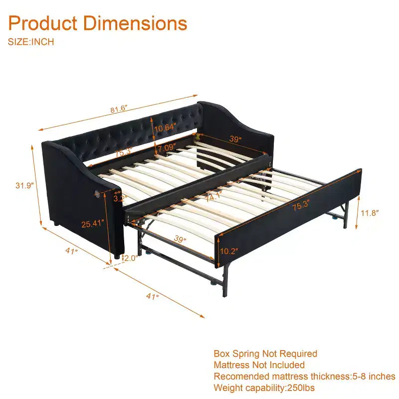 2026 Cama sofá Twin con cama nido, tapizada en terciopelo, puerto USB y bolsillos laterales - ModernLuxe