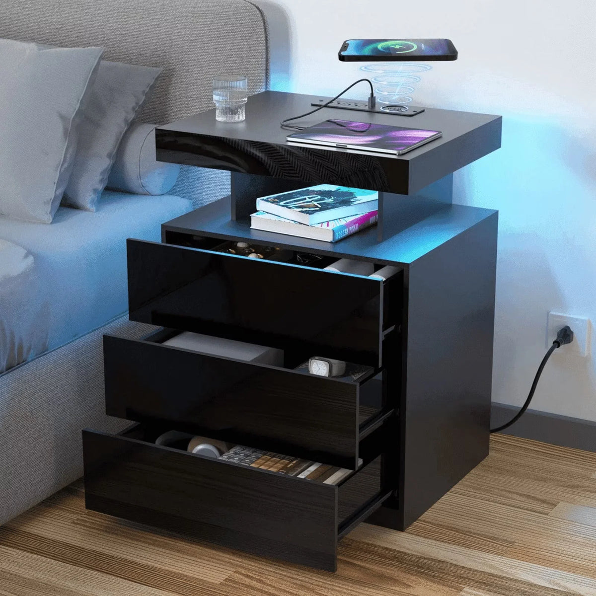 2026 NewHommpa LED Nightstand Wireless Charging Station USB Type C Outlets Bedside Table 3 Drawers Black Night Table Modern Smart Nightstand High Gloss End Side Table for Bedroom Furniture 26.8" Tall