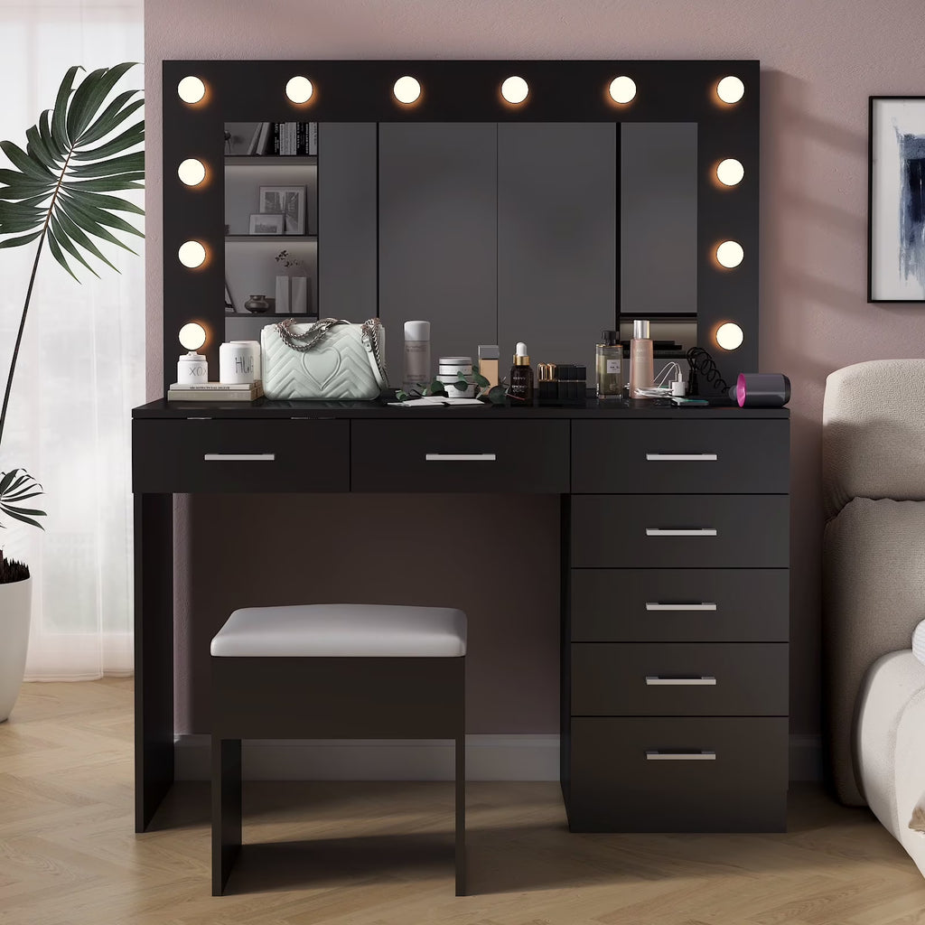 2026 NewKtaxon Large Makeup Vanity, Vanity Table Set w/ Visible Glass Top w/ Charging Station, White