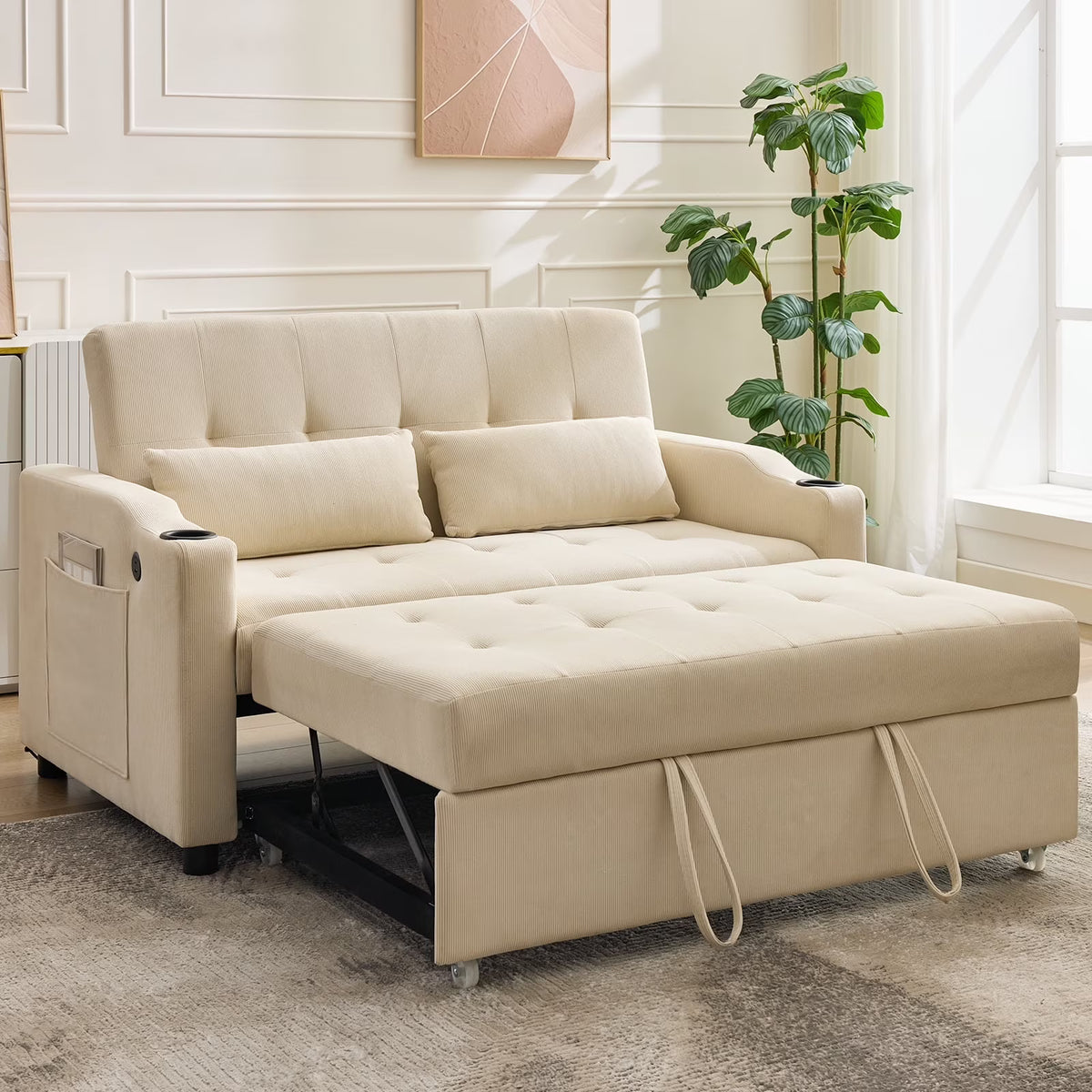 2026 New3 in 1 Convertible Sleeper Sofa Bed, Corduroy Futon Couches with Pull-Out Bed, Adjustable Backrest, Charging Port & Side Pockets, Modern Upholstered Sofa for Living Room, Guest Room