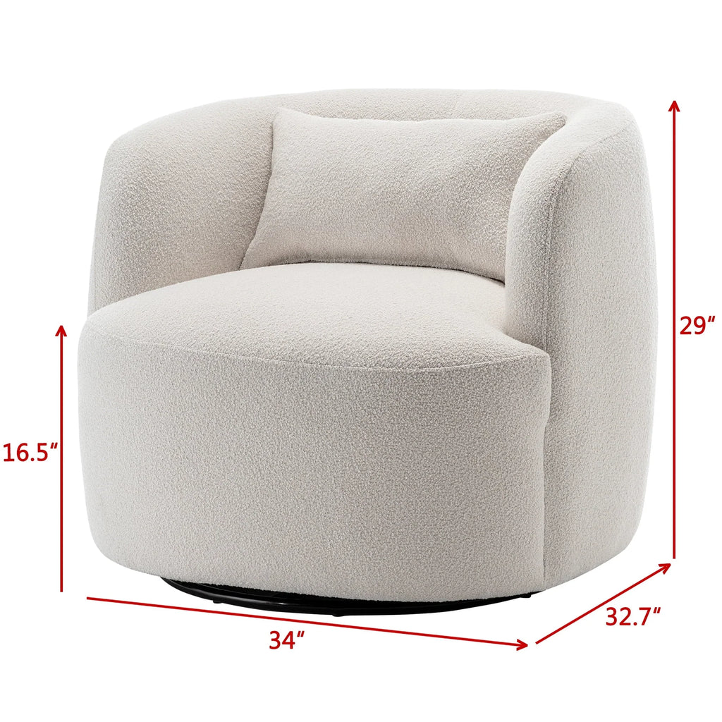 2026 New34" Wide Boucle Swivel Barrel Chair, No Assembly Round Upholstered Armchair Accent Chair Single Sofa Chair with Toss Pillow for Living Room and Bedroom, Taupe