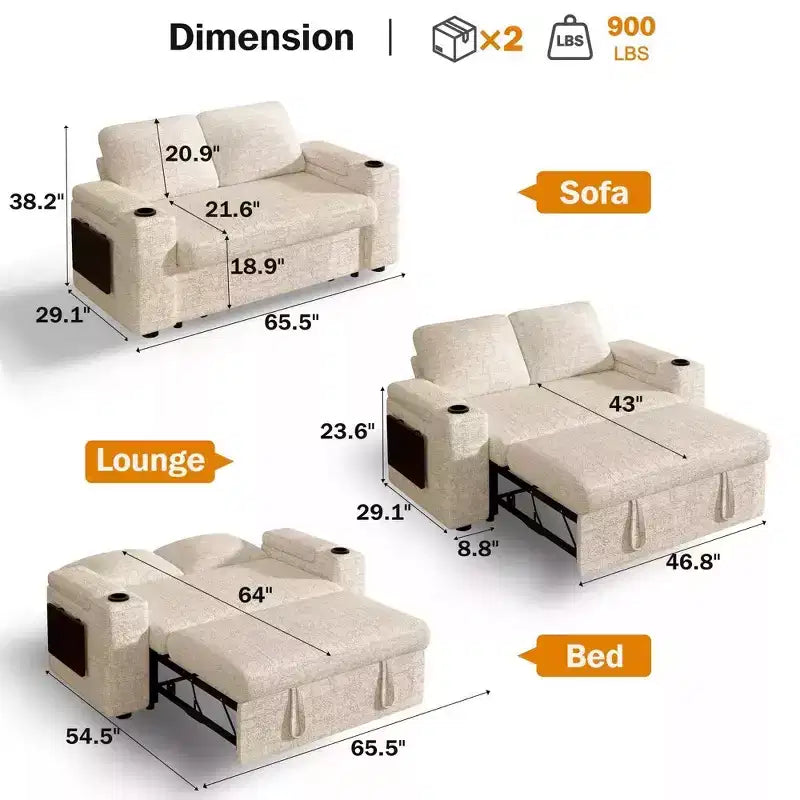 2026 Dyonery Sofá cama 4 en 1 de 65,5" con respaldos ajustables, carga USB/Type-C, portavasos y bolsillos, verde