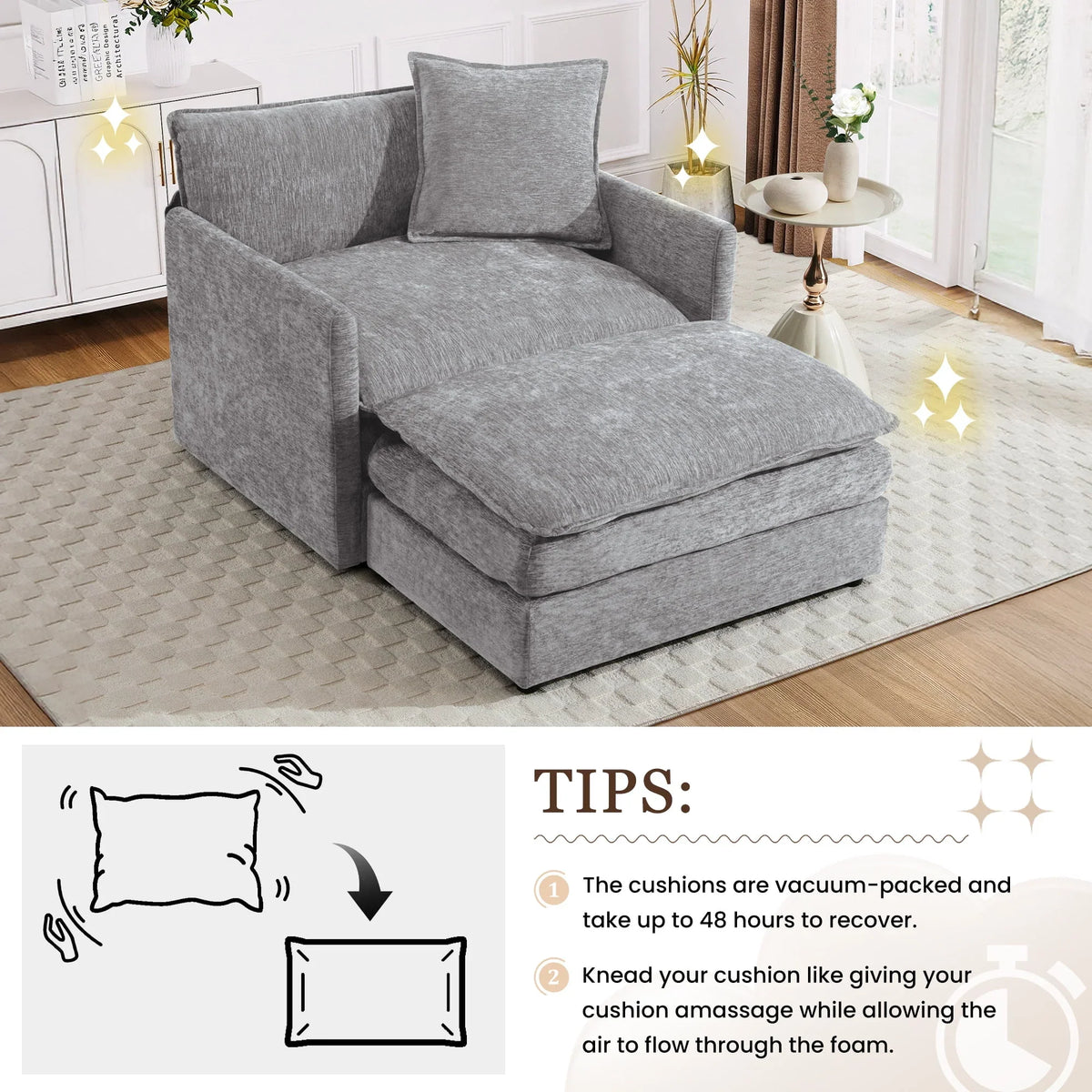 2026 NewMuumblus Oversized Lounge Chair with Ottoman, Cloud Accent Armchair for Living Room, Beige Chenille