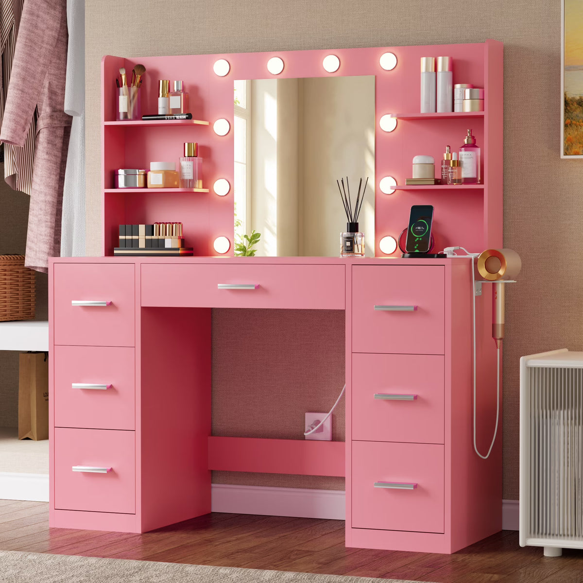 2026 NewLacoo Vanity Desk with Mirror and LED Lights, Makeup Vanity with 7 Drawers & 4 Shelves, Vanity Table with Power Outlet for Bedroom Dressing Room, White