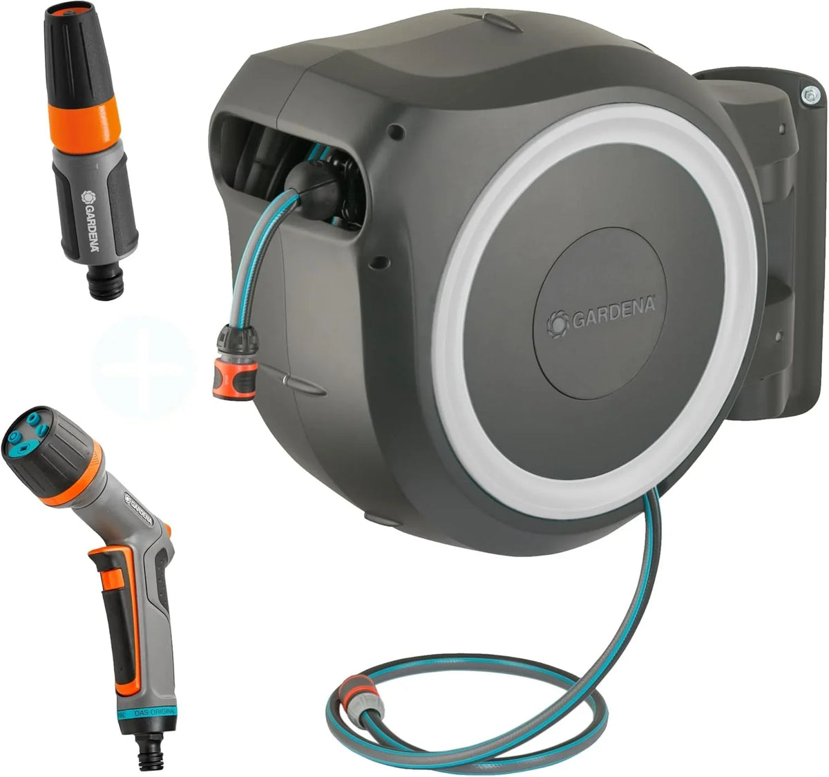 2026 Enrollador de manguera de pared Gardena Rollup L (blanco) de 30 m con 1 aspersor Comfort Multi-Sprinkler, guía de manguera integrada, manguera de calidad de 30 m y soporte de montaje auxiliar (18627-38)