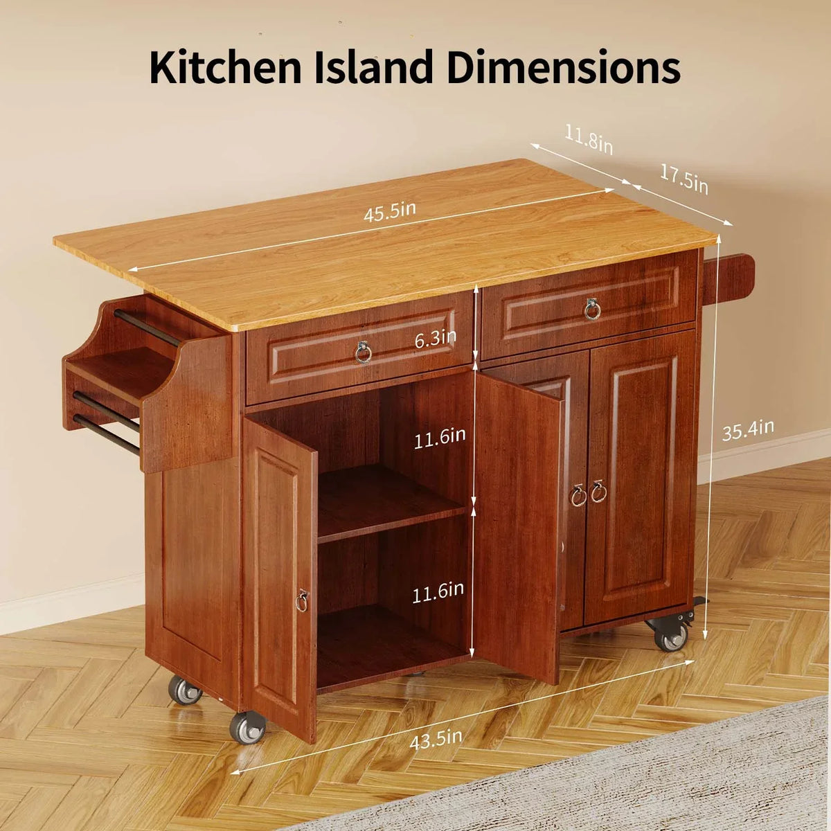 2026 NewLofka 52-Inch Kitchen Island with Storage on Wheels with Wood Drop Leaf, Ideal for Small Kitchens