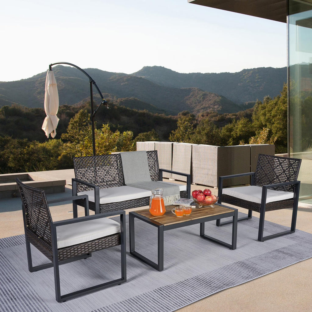 2026 NewHeavy-duty Patio Furniture Set, 4 Piece Outdoor Sectional Conversation Sets, BrownPE Rattan Patio Sofa Set with Blue Cushions
