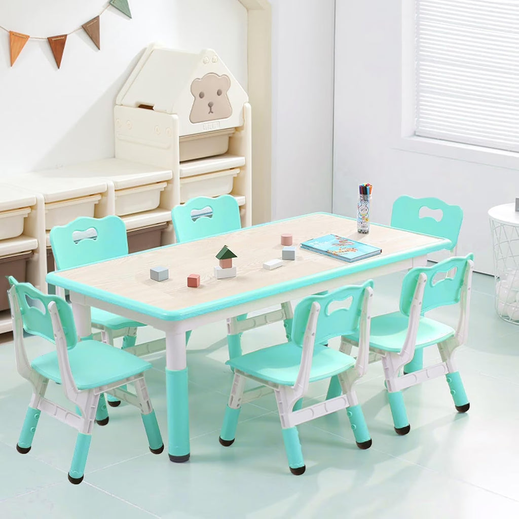 2026 NewTROPOW Kids Table and Chairs,Height Adjustable Toddler Table and 6 Chair,Multi-Activity Table with Graffiti Desktop Non-Slip Legs for Ages 2-10,Children Activity Table for Daycare,Classroom,Blue