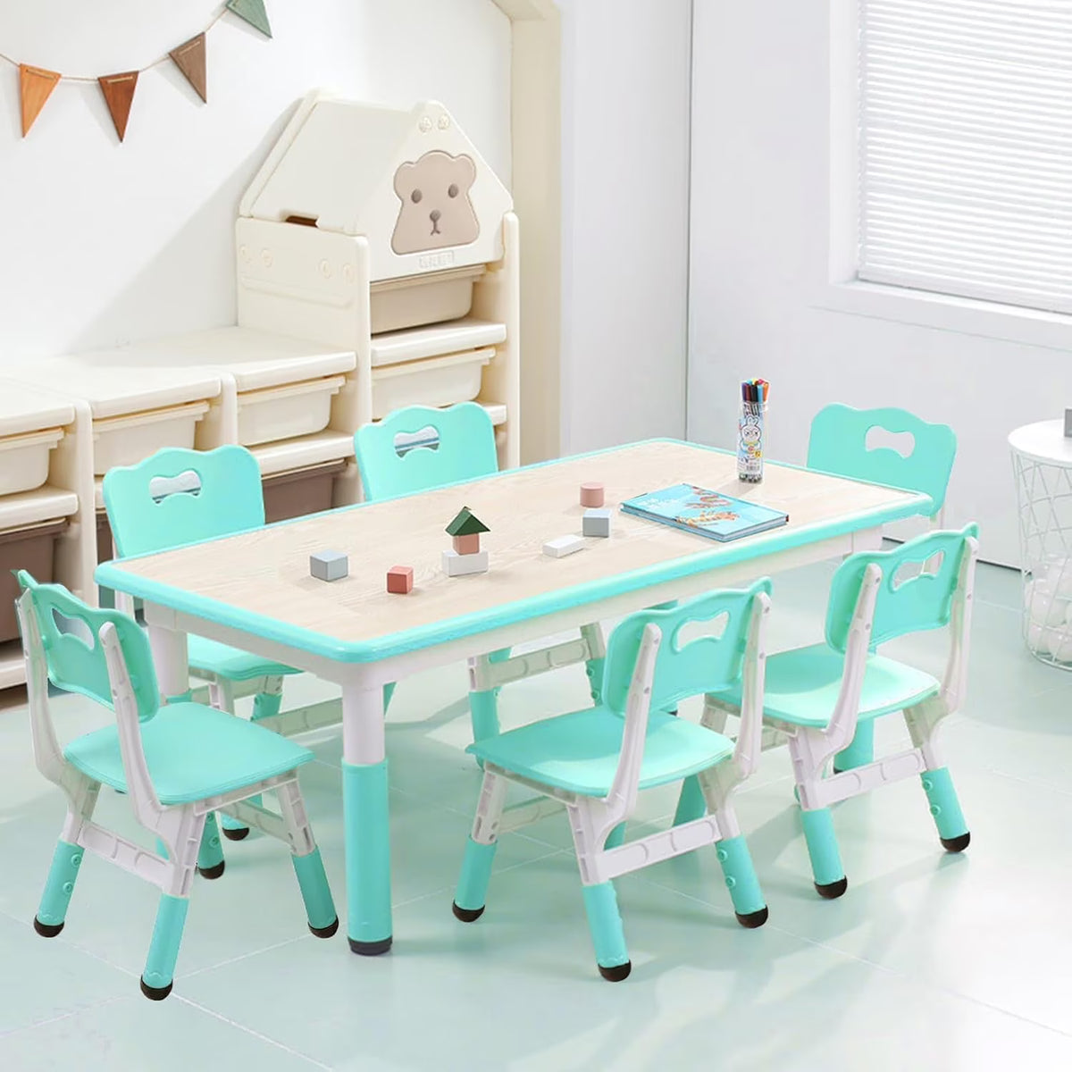 2026 NewTROPOW Kids Table and Chairs,Height Adjustable Toddler Table and 6 Chair,Multi-Activity Table with Graffiti Desktop Non-Slip Legs for Ages 2-10,Children Activity Table for Daycare,Classroom,Blue