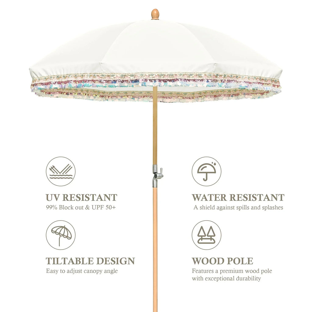 2026 NewLAGarden 6 Ft Fringe Patio Umbrella with Tassel Jazz Age Wood UPF50+ for Outdoor, Beige with gold tassel,Model: JZ6-01