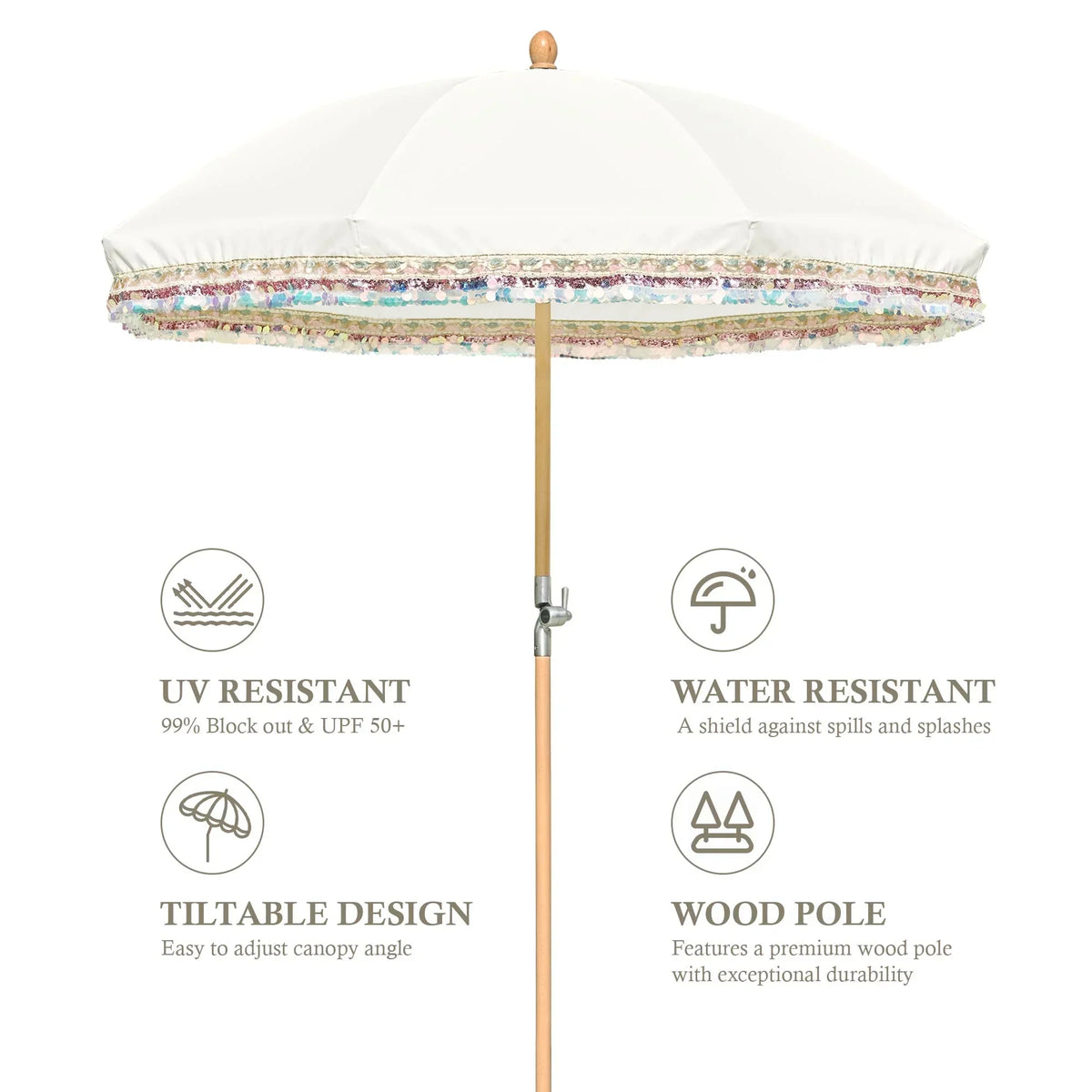 2026 NewLAGarden 6 Ft Fringe Patio Umbrella with Tassel Jazz Age Wood UPF50+ for Outdoor, Beige with gold tassel,Model: JZ6-01