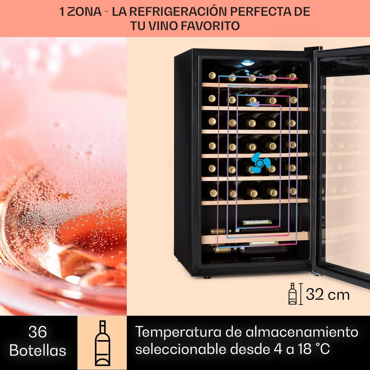 2026 Klarstein Vinoteca 36 Botellas, Nevera Vinos, Una Zona de Refrigeración, Nevera Expositora Vino y Cerveza, Vinoteca Interior y Exterior con Puerta de Cristal, Nevera Vino con Protección UV, 4-18°C