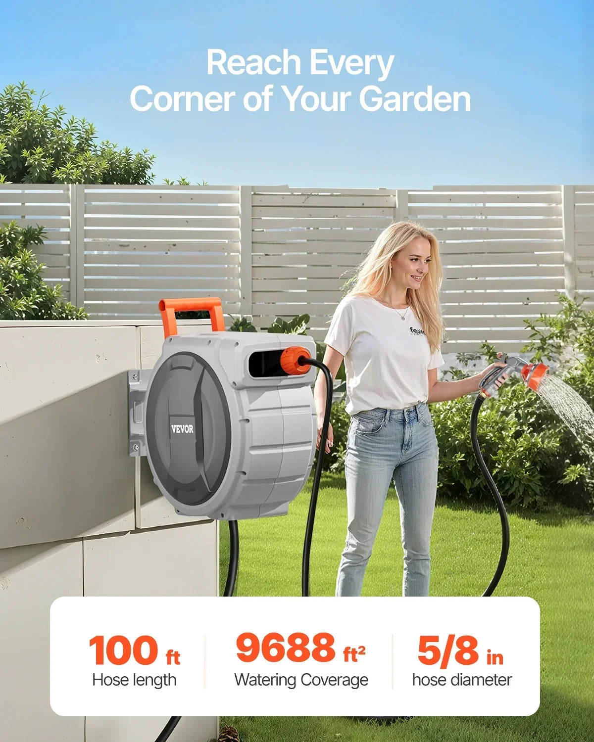 2026 NewVEVOR Retractable Garden Hose Reel, 5/8 Inch x 100 ft Wall Mounted Hose Reel, Heavy Duty Garden Hose Reel with 9 Patterns Nozzle, Any Length Lock, Upgraded Slow Return System and 180" Swivel Bracket