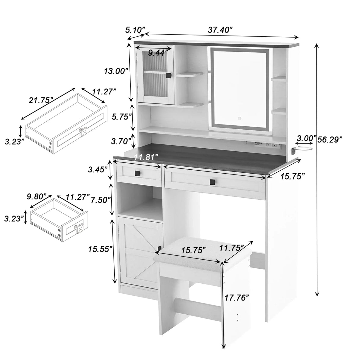 2026 NewFarmhouse Makeup Vanity Desk with Mirror and Lights,Dressing Table Set with Charging Station and Stool,Drawers,Shelves and Side Cabinet,White
