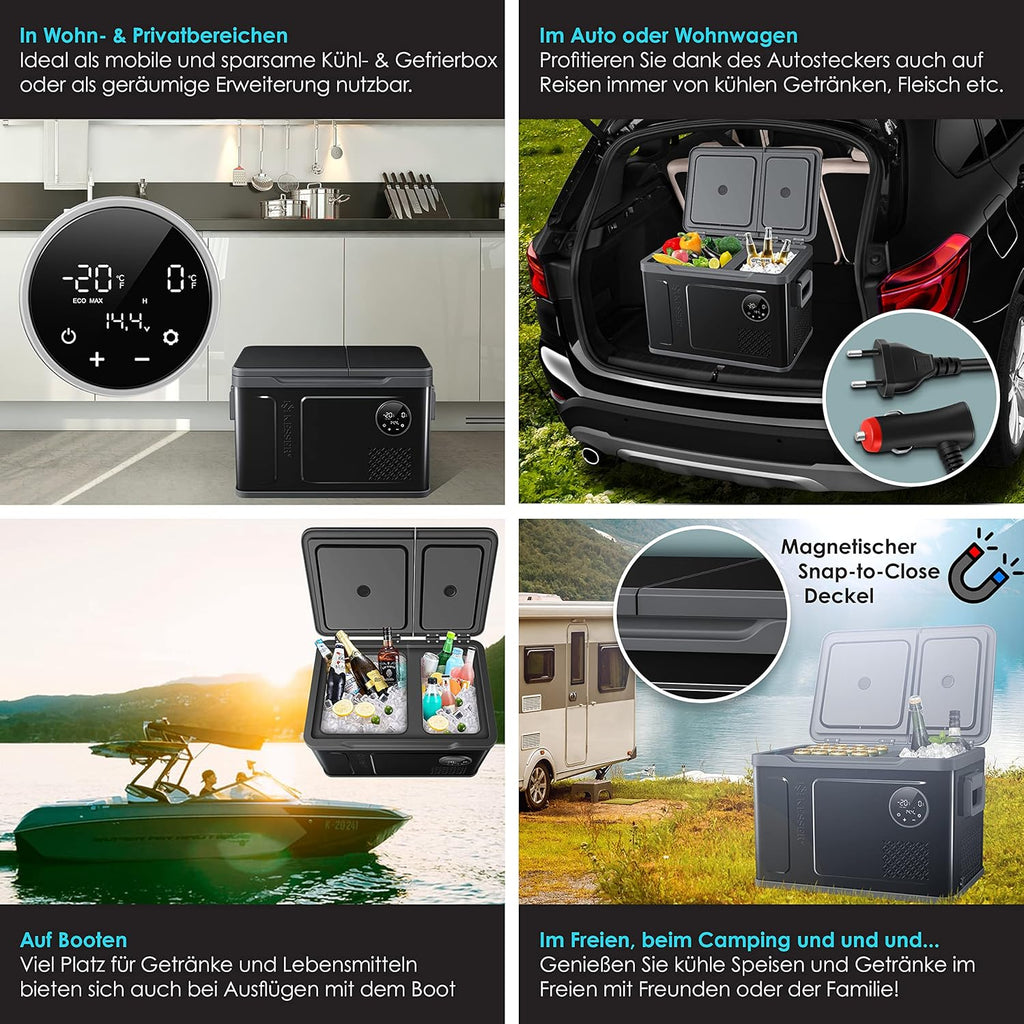 2026 Nevera portátil con compresor KESSER 2 en 1, doble zona de refrigeración y congelación, con 2 acumuladores de frío y control táctil LED | Refrigerador con capacidad de enfriamiento hasta -20 °C para camping, coche y camión, 12/24 V 230 V