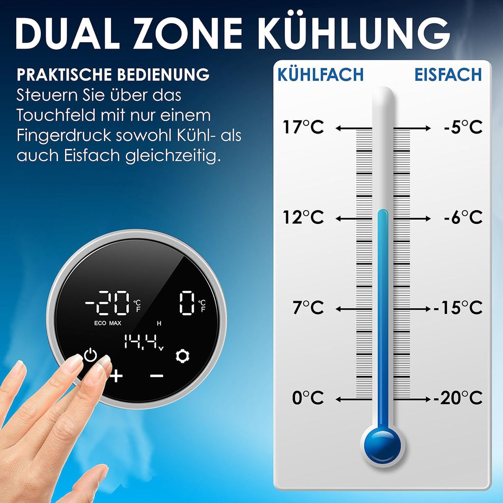 2026 Nevera portátil con compresor KESSER 2 en 1, doble zona de refrigeración y congelación, con 2 acumuladores de frío y control táctil LED | Refrigerador con capacidad de enfriamiento hasta -20 °C para camping, coche y camión, 12/24 V 230 V