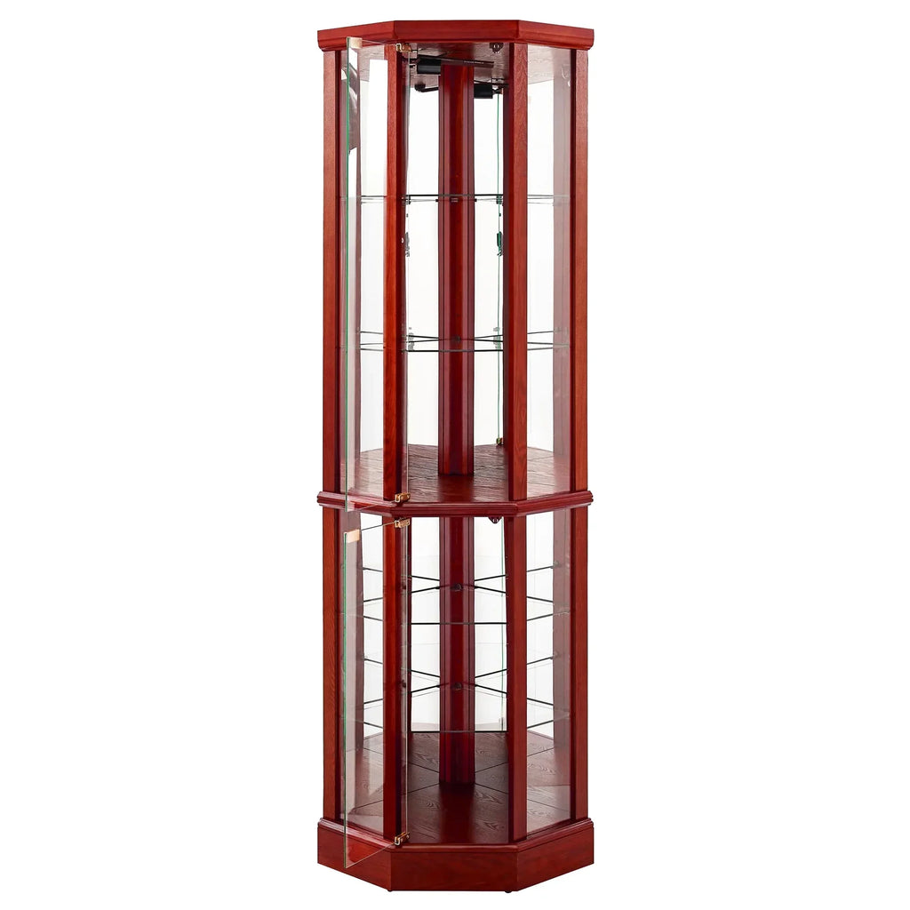 2026 NewWalnut Cabinet With 6 Shelves, Adjustable Glass & Mirrored Back Design Shelf Lighted Corner Curio Shelves In