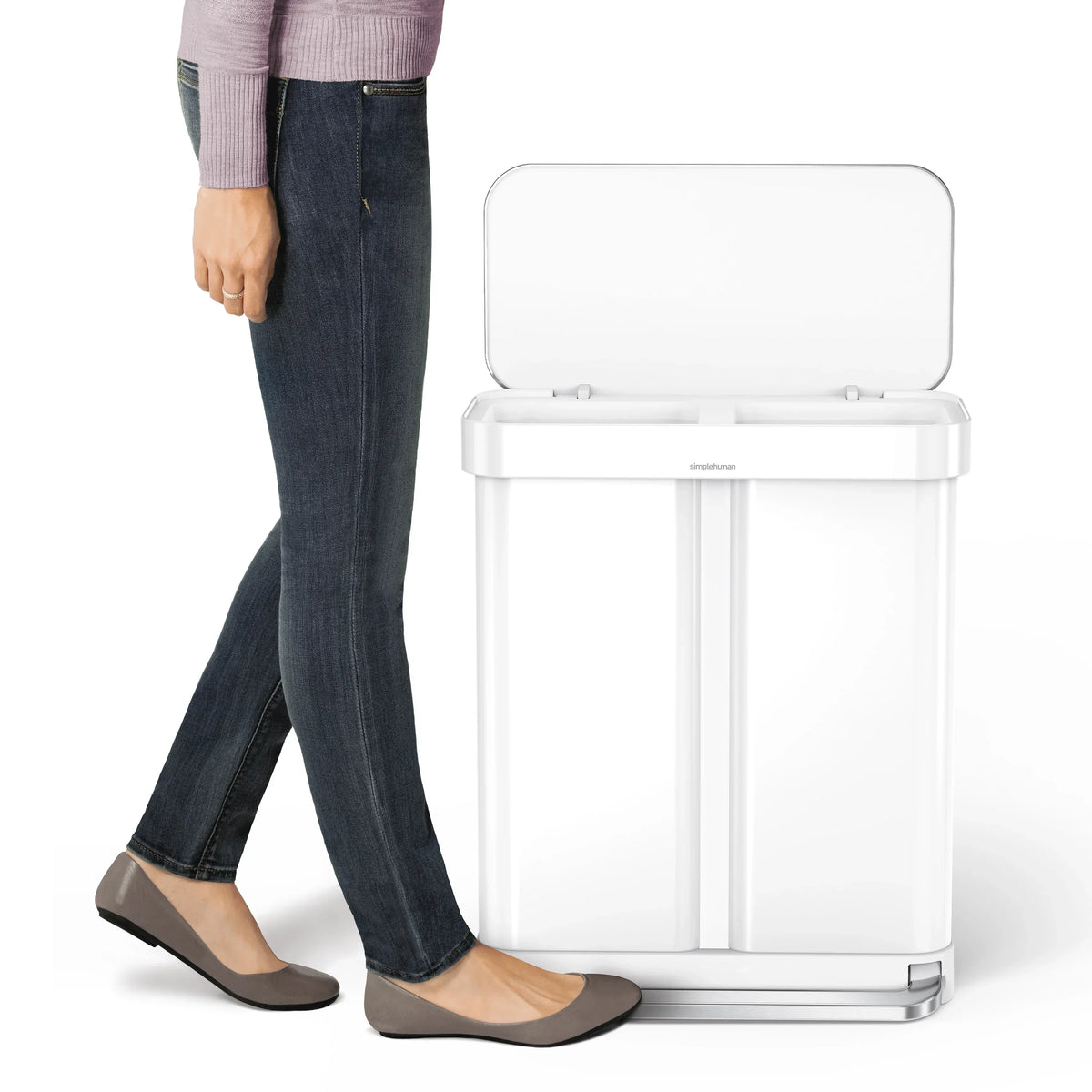 2026 Newsimplehuman 58 Liter / 15.3 Gallon Rectangular Dual Compartment Recycling Step, Brushed Stainless Steel with Soft-Close Plastic Lid Kitchen Trash Can