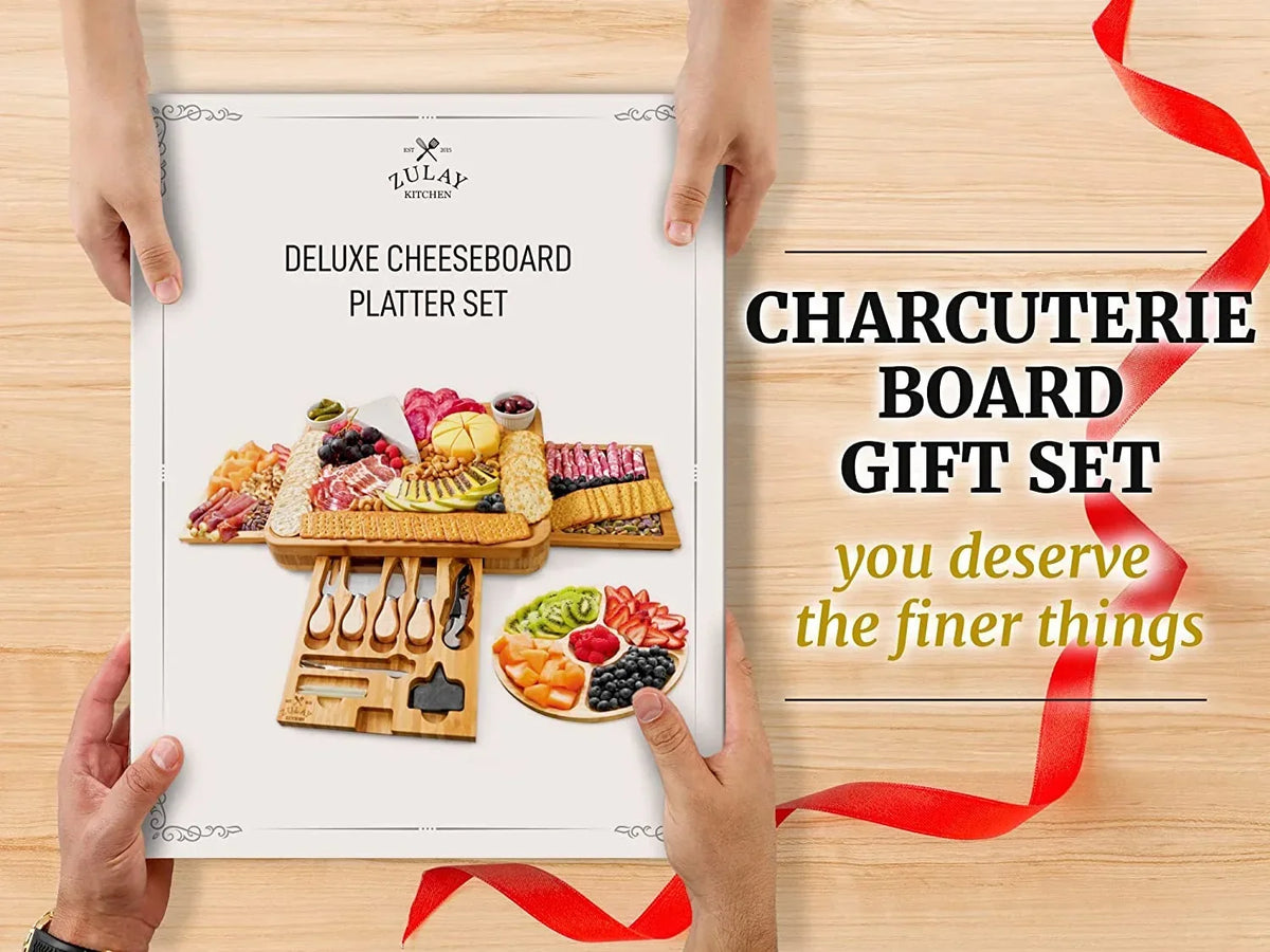 2026 NewZulay Kitchen Bamboo Cheese Board Set Extra Thick Charcuterie Board 15 Piece - Deluxe Set
